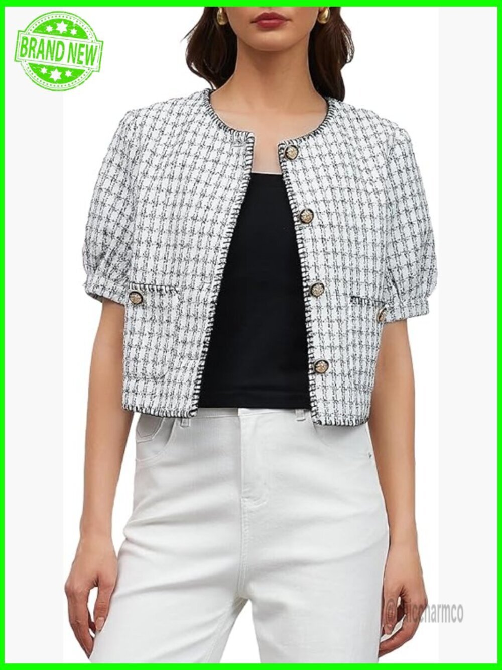 Cropped Tweed Blazer Puff Short Sleeve Button Down Work Cardigan Coat